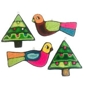 4 Vintage Huichol Yarn Holiday Ornaments Birds Christmas Trees Colorful Bright